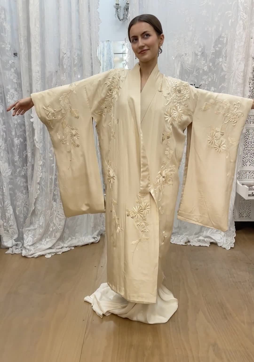 Antique Ivory Embroidered Silk Kimono — jane bourvis