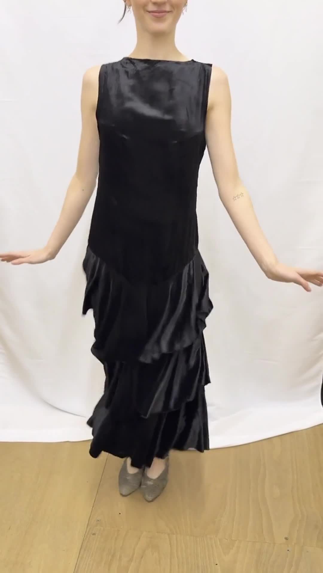 1920s black velvet dress 1920S Black Silk Velvet Low Back Cocktail Dress With Deco Pearl & Rhinestone Beadwork