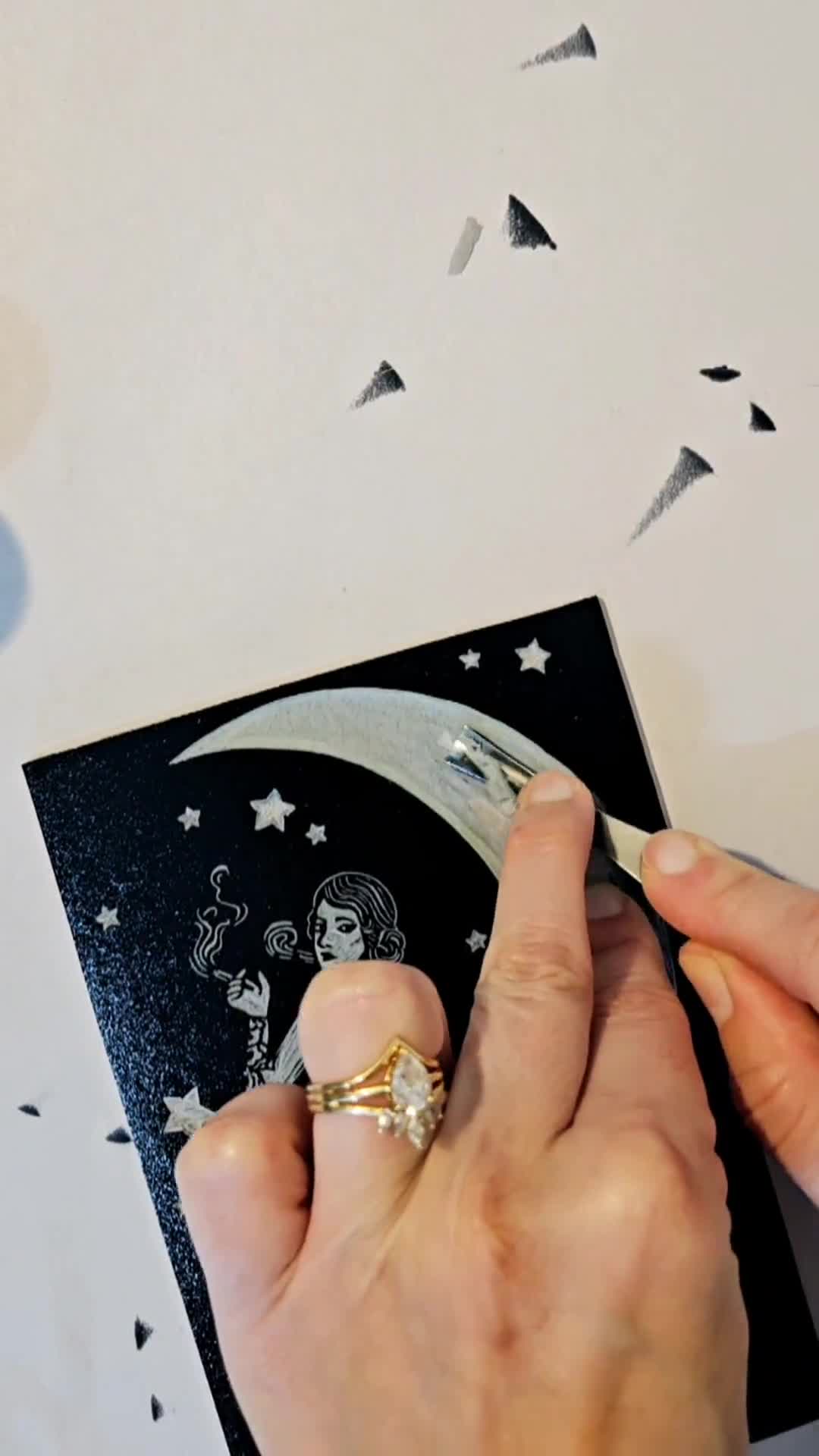 Paper Moon Puffs original block print - vintage paper moon and