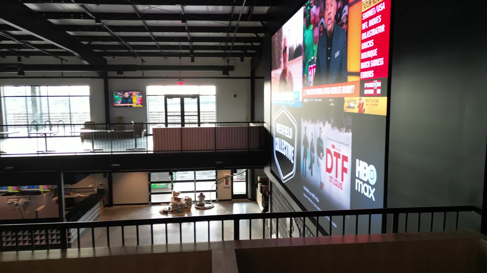 Drone view of the 25 ft LED video wall Tri-State AV installed at Westfield Collective in Indiana