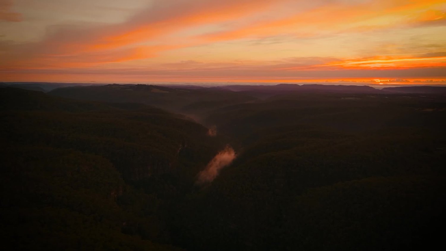 Sunset over the landscape at Wollemi Ridge Retreats in Bilpin, NSW