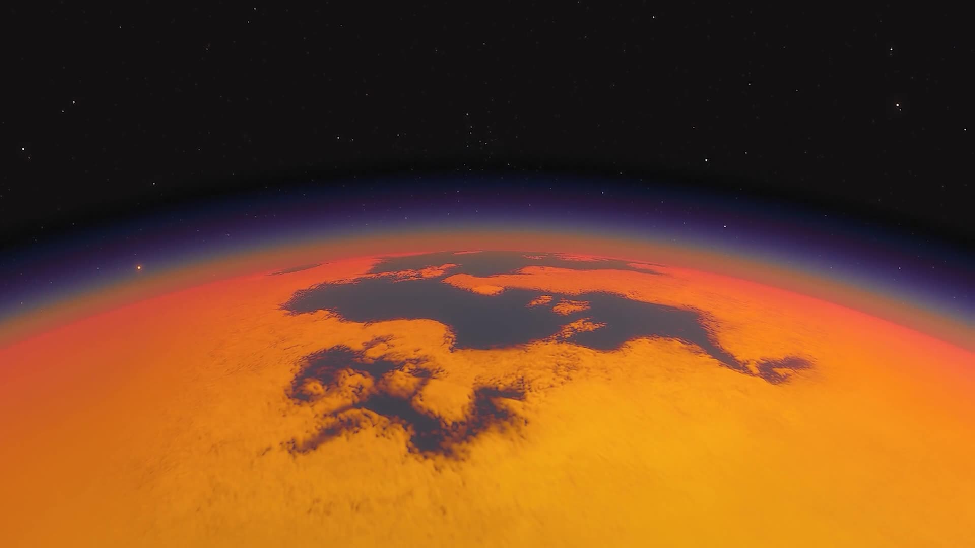 The glowing orange edge of a planet seen from space