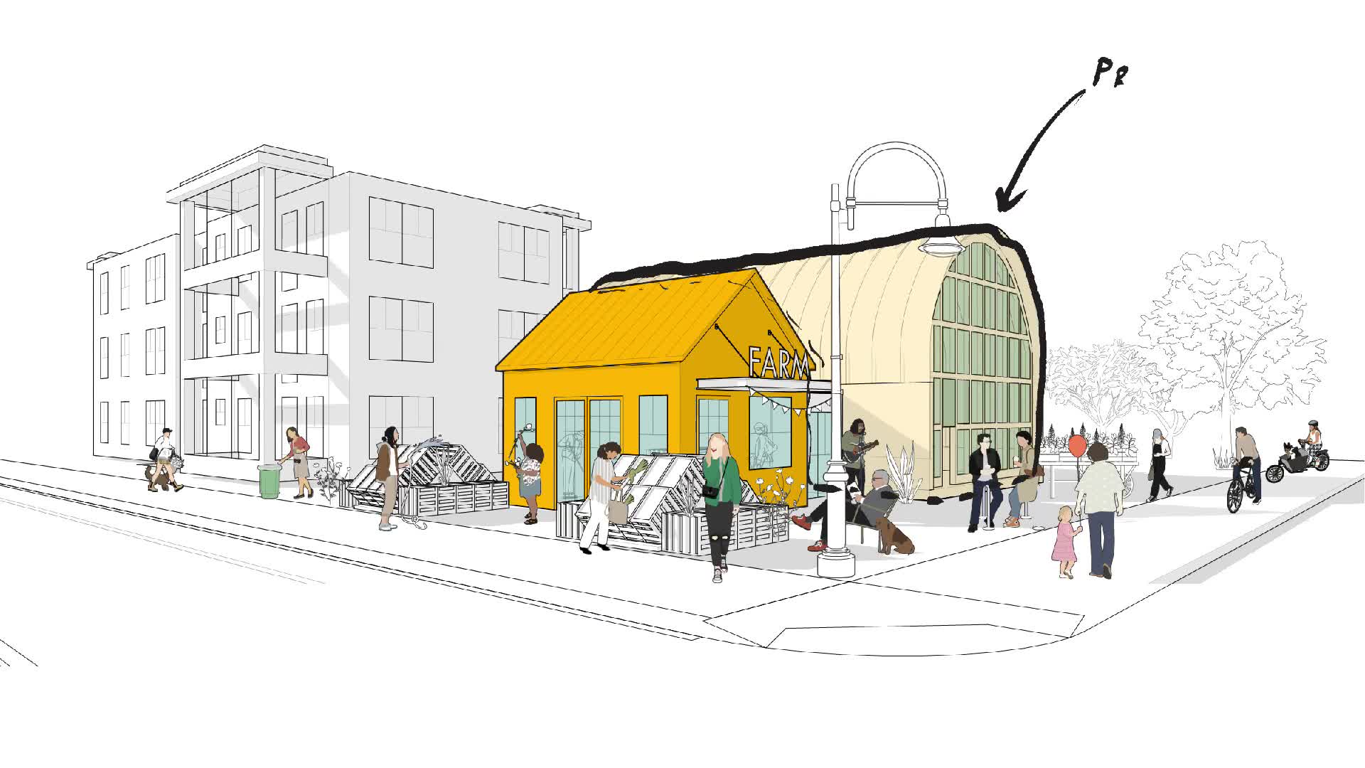 Illustration of an urban farm stand and greenhouse on a neighborhood street