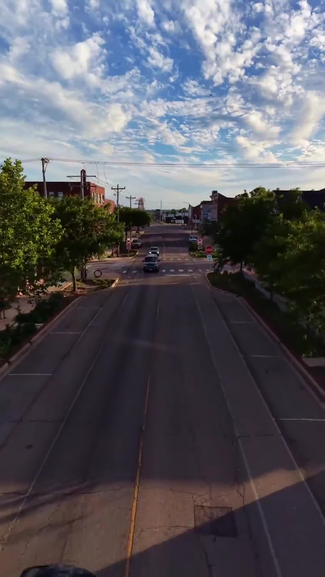 Aerial frame looking down a small-town main street in central Illinois