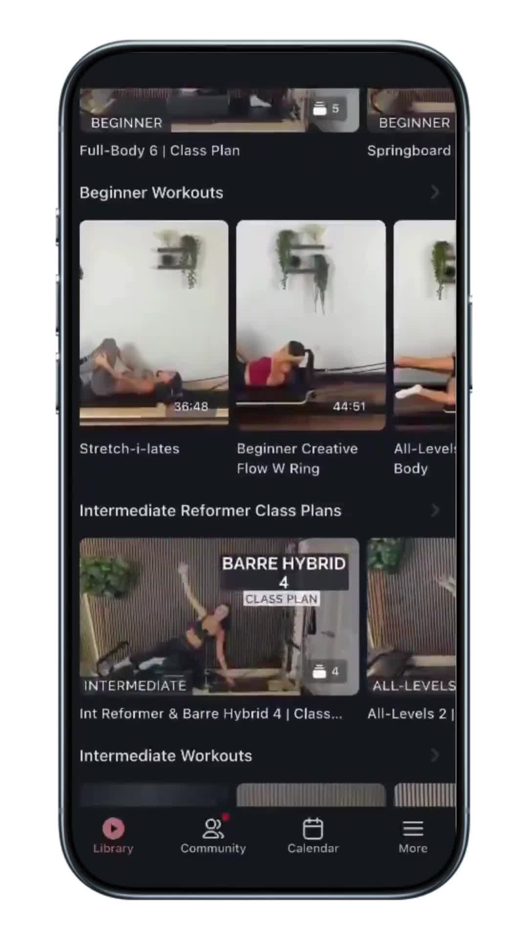 The Pilates by Leah app showing workouts and class plans