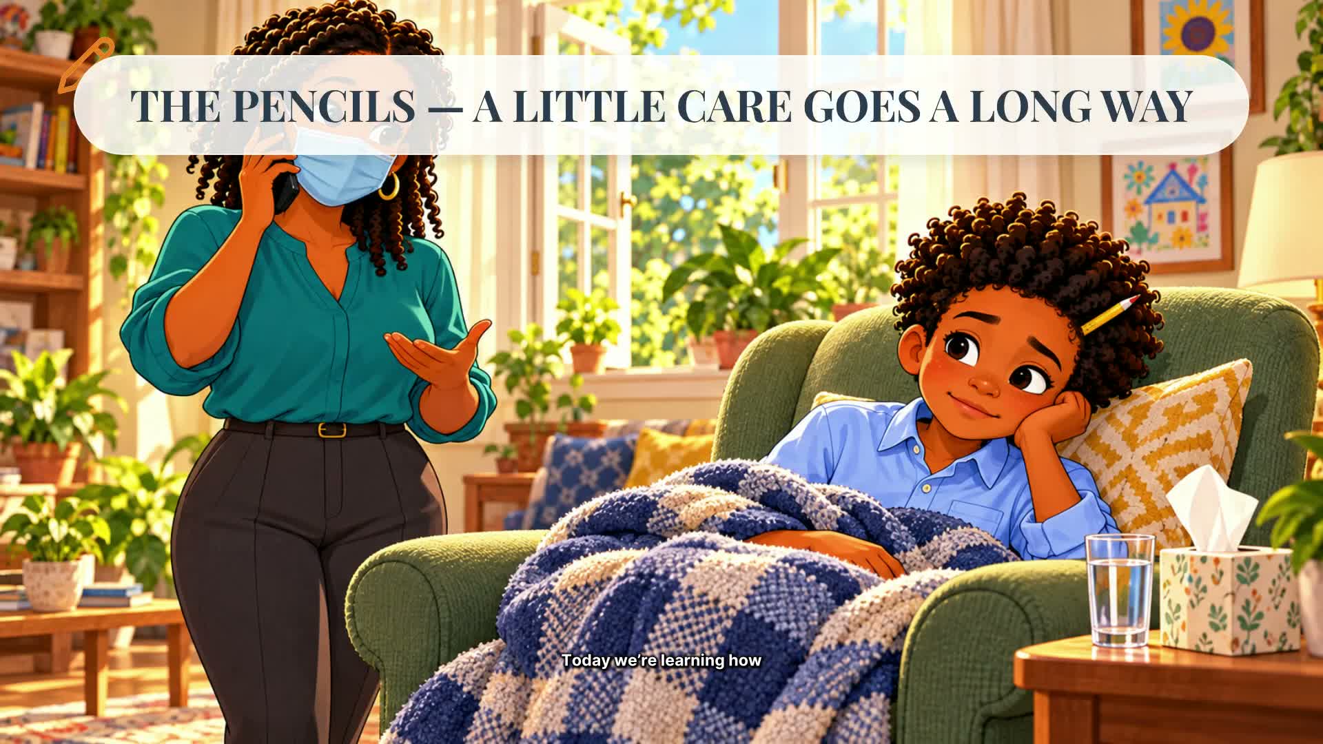 Marcus resting while his mother checks on him, from A Little Care Goes a Long Way.